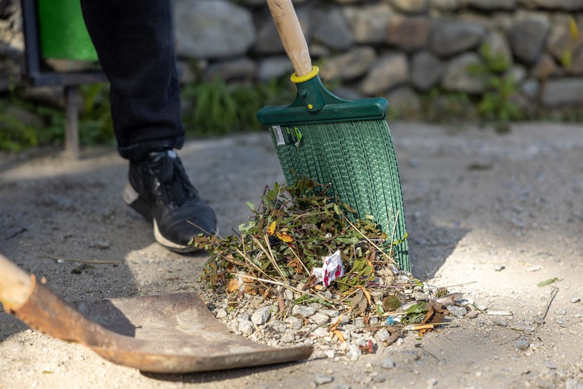 Licensed stock photograph of yard debris being swept into a pile
