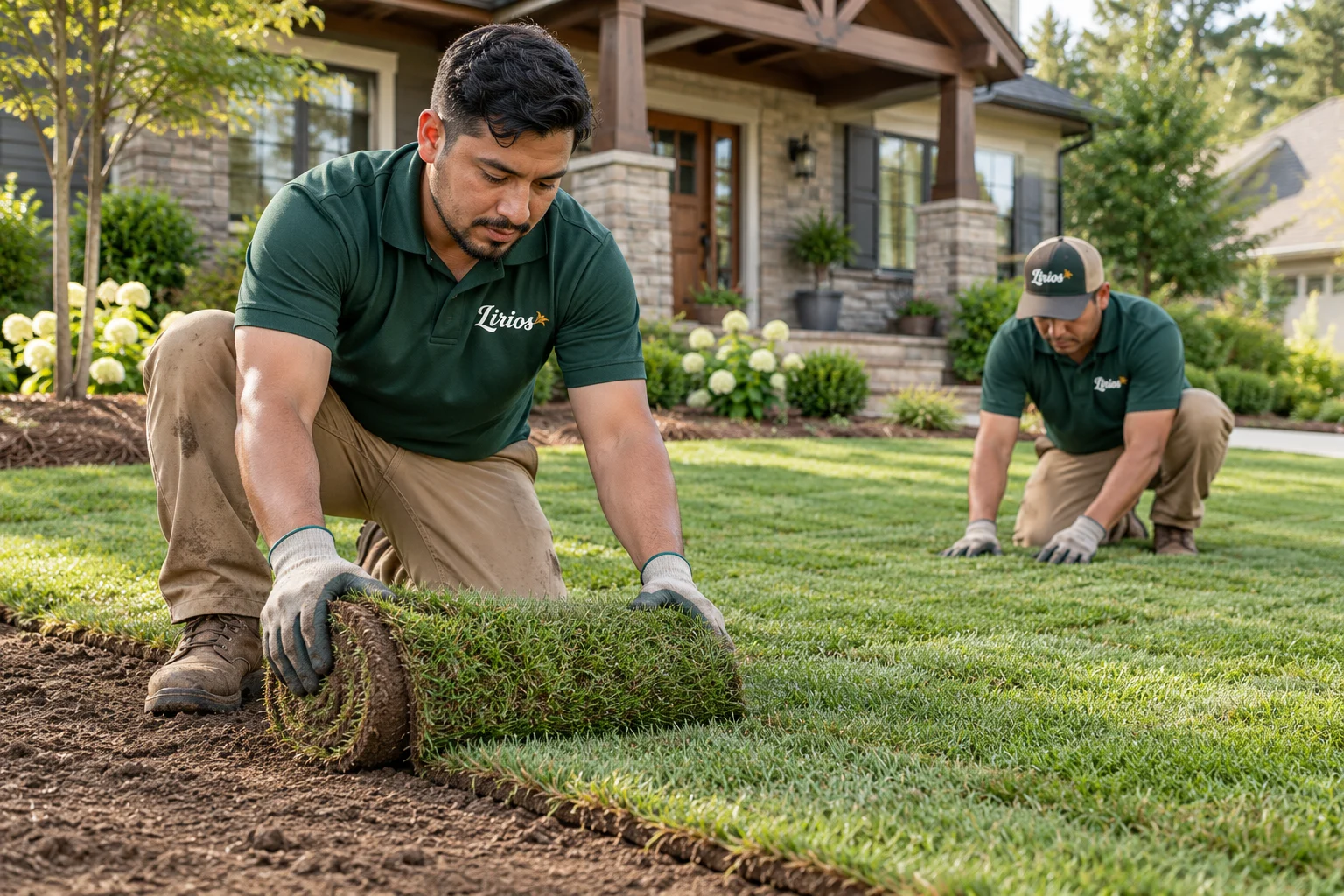 AI-generated illustration of uniformed Lirios professionals performing sod installation