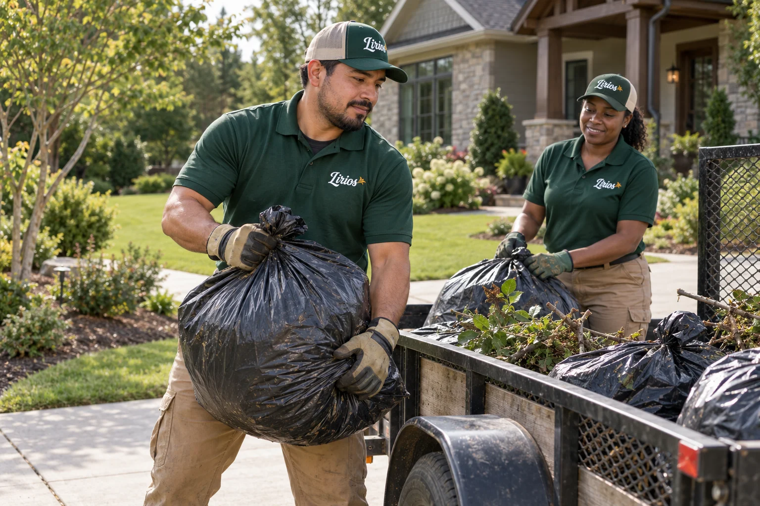 AI-generated illustration of uniformed Lirios professionals performing yard waste removal